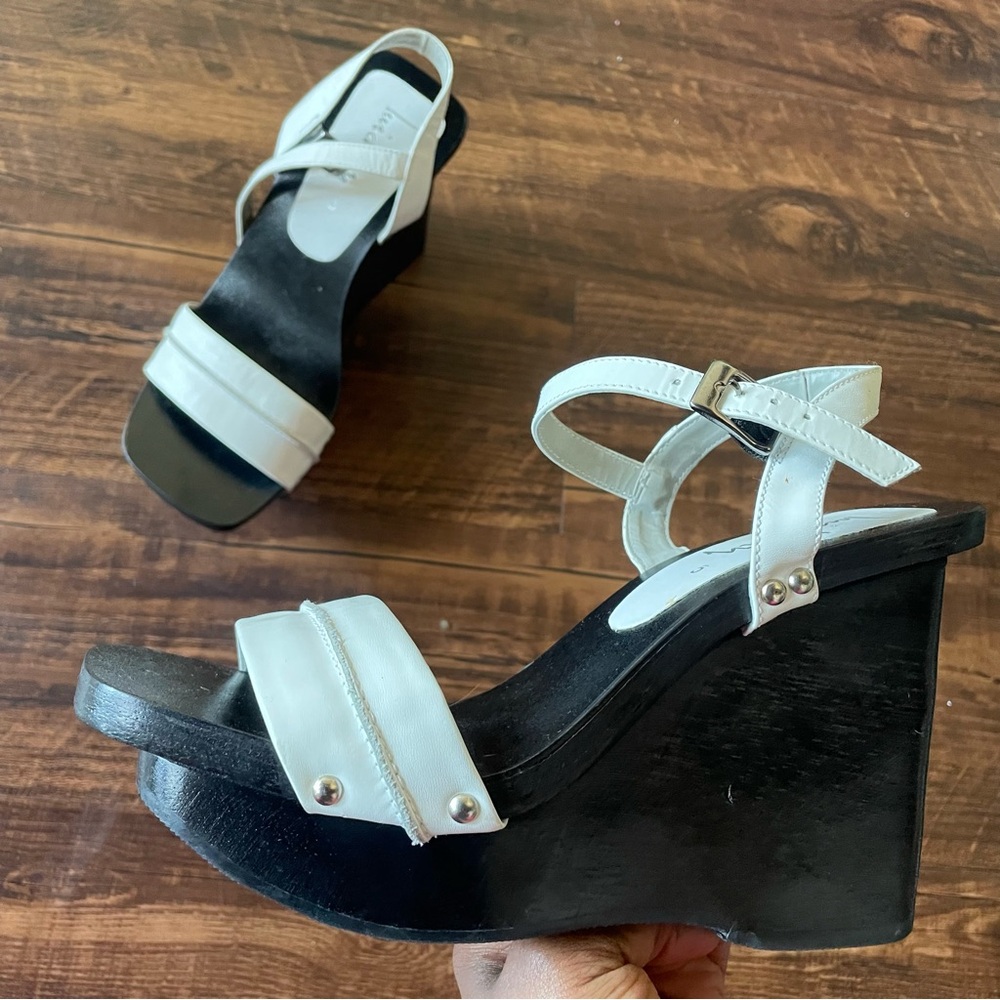 LUICHINY black wooden platform and white leather wedge sandals- size 5